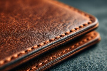 Detailed macro shot of a folded brown leather wallet with orange stitching on a dark textured surface.