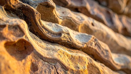 Close-up of naturally-eroded sedimentary rock formations, showcasing intricate wavy layers and a beautiful golden-hour glow across the ancient stone texture
