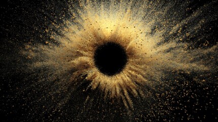 Golden Dust Explosion on Black Background with Central Dark Hole