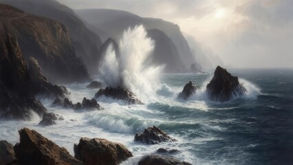 Dramatic ocean waves crashing against rocks