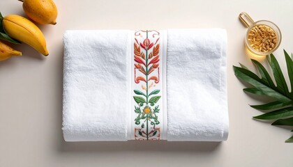 Top view of a plush white spa towel with an elegant botanical embroidery, surrounded by wellness accessories like essential oil and fresh fruit for a relaxing self-care experience