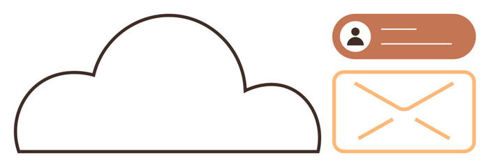 Cloud icon connected to email envelope and user profile overlay. Ideal for data storage, communication, online services, user access, notifications, digital management, simple flat metaphor