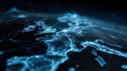 Digital Map of Europe with Glowing Blue Network Connections and Data Flow
