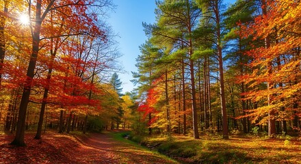 Autumn forest with golden foliage and trees
