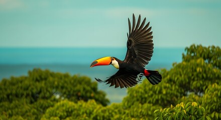 Magnificent toucan soaring above lush tropical forest with vibrant orange beak and wide dark wings fully extended, exotic rainforest bird flying gracefully in clear sky over jungle canopy scenery