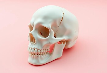 Obraz premium A pristine white skull rests on a soft pastel pink background, minimalist Halloween aesthetic, stock photo, pastel