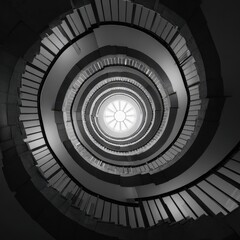 Fototapeta premium Dramatic Black and White Spiral Staircase with Skylight, Architectural Upward View