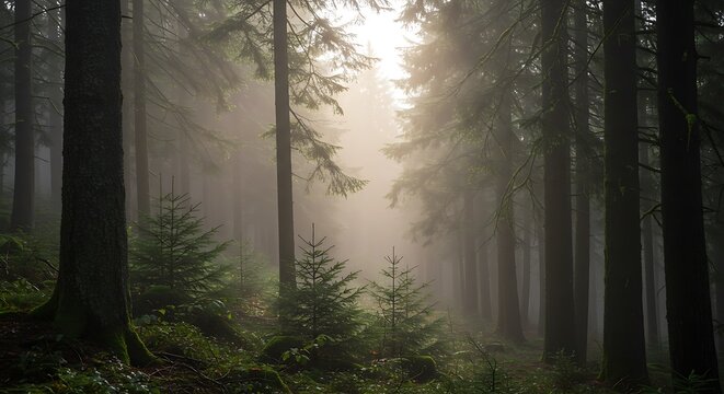 Sunlight streams through a misty, dense forest, illuminating young evergreen trees and the forest floor covered in moss and fallen leaves - Powered by Adobe