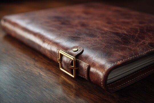 Elegant Brown Leather Journal with Brass Buckle on Rustic Wooden Table - Powered by Adobe