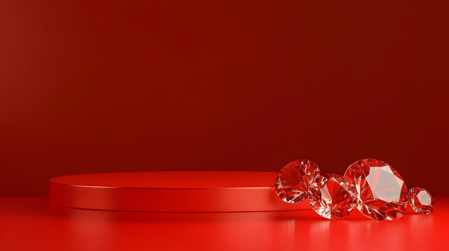 Red podium with diamonds on a red velvet background. Background illustration for product presentations, mockup designs, and banners.