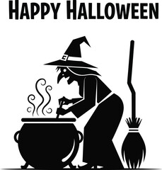 A spooky witch is stirring a cauldron