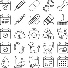 Pet care icons including calendar syringe capsule bone dog cat and thermometer veterinary animal