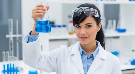 A confident female scientist in a laboratory setting holds up a flask of a vibrant blue liquid.