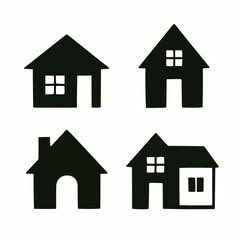 A simple black vector icon set of residential building and house symbols for real estate design