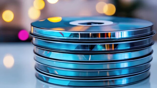 Stack of compact discs reflecting colorful light bokeh in background