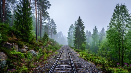 Obraz premium Railroad Track Through Forest in Foggy Weather Leads to the Unknown