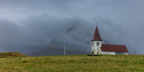 Fototapeta premium Old church in Hellnar, an ancient fishing village on Snefellsnes peninsula of Iceland.