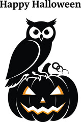 Fototapeta premium An owl sitting on a jack-o'-lantern with happy halloween text, ideal for greeting cards and spooky designs
