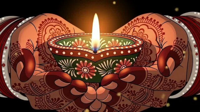 Beautiful illustration of Indian woman hands with mehndi art and bangles holding decorative diya lamp glowing with light for Diwali Deepavali Durga Puja Navratri festival celebration cultural 
