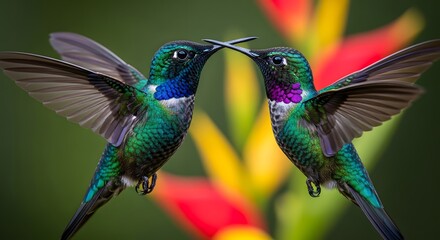 Two vibrant hummingbirds hovering face to face with long beaks touching in midair against tropical flower background, symbolizing exotic bird agility, rainforest energy and wildlife interaction