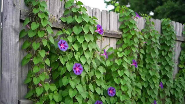 Purple morning glory vines on wooden fence