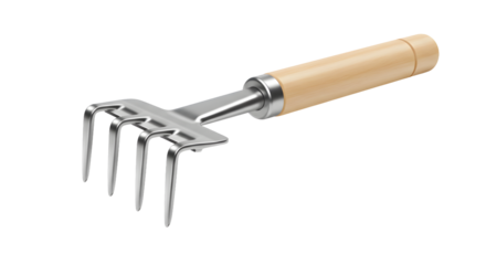 Hand rake with wooden handle for gardening, landscaping and yard work, efficient for small tasks