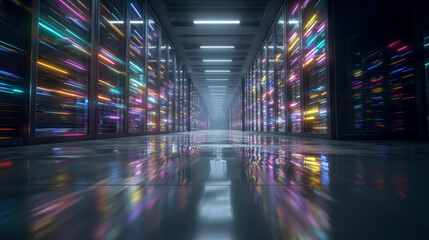 Neon server room corridor, data center aisle, colorful led lights, glossy floor reflection, futuristic technology vibe, long perspective