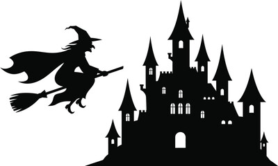 Silhouette of a witch flying on a broomstick in front of a castle, halloween concept, vector illustration