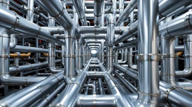 Metal pipe industrial network connection infrastructure silver construction engineering geometric tunnel, shiny metal pipe network industrial