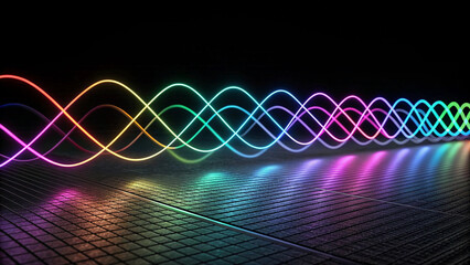 Rainbow Neon Waves Intertwined on Dark Textured Surface with Reflections glowing Halloween