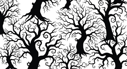 Seamless pattern of creepy bare trees, creating a spooky and eerie forest texture in black