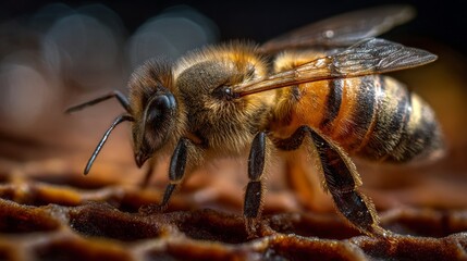 Honey bee close-up on honeycomb with blurred background  