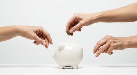White Piggy Bank Being Fed Coins by Three Hands on White Surface