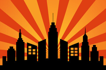 Silhouette of cityscape with sun rays back