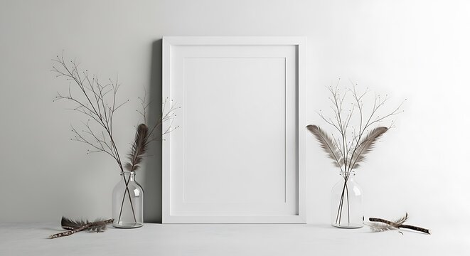 White Frame Mockup with Dried Plants and Feathers. - Powered by Adobe