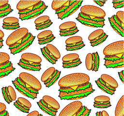 Cartoon burger pattern background. Seamless pattern of burger. Cute cheeseburger of hamburger pattern background. Hamburger pattern. Vector illustration of burger pattern background.