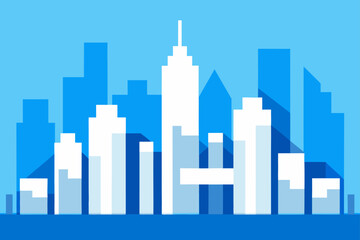 Stylized cityscape with blue and white hues