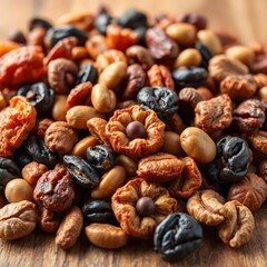 Obraz premium A close-up view of an assortment of mixed dried fruits and nuts on a wooden surface.
