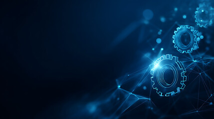 Obraz premium Futuristic digital background with glowing neon blue gears on dark blue network pattern, symbolizing technology, automation, and advanced engineering.
