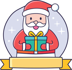Cute vector illustration of Santa Claus holding gifts, cozy cartoon style, with blank banner area for text.