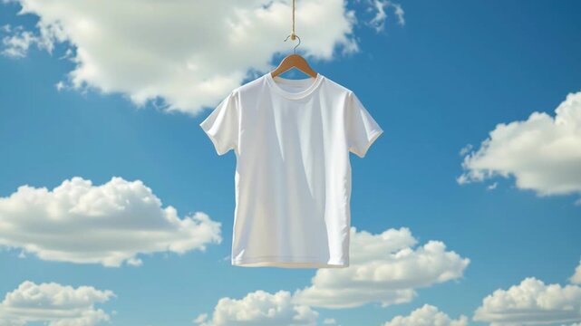 White t shirt cotton short sleeve hanging wooden hanger floating blue sky with fluffy clouds minimal fresh summer vibe casual clothing outdoor style