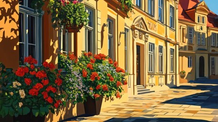 Fototapeta premium Sunny European Town Houses with Flowers