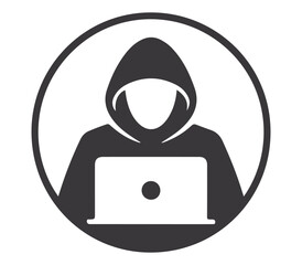 Anonymous hacker in a hooded sweatshirt using a laptop computer in a circular icon