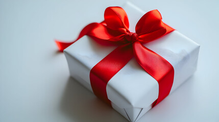 Elegant white gift with red ribbon perfect for celebrations or gift wrapping ideas