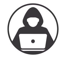 Anonymous hacker silhouette wearing a hood using a laptop computer in a circular icon