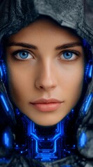 Woman with blue eyes in a hoodie, captivating portrait of modern style and comfort.