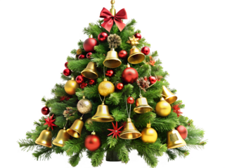 Christmas tree isolated on transparent background for Christmas decoration, ornaments, lights, star shape, gift box