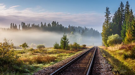 Fototapeta premium Train Tracks Through Foggy Forest Landscape on a Sunny Morning