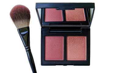 Elegant makeup palette with blush shades and brush on white background for beauty and cosmetics photography