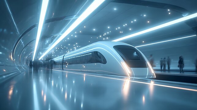 futuristic hyperloop pod arriving in sleek station bathed in cool white light passengers blurred in motion